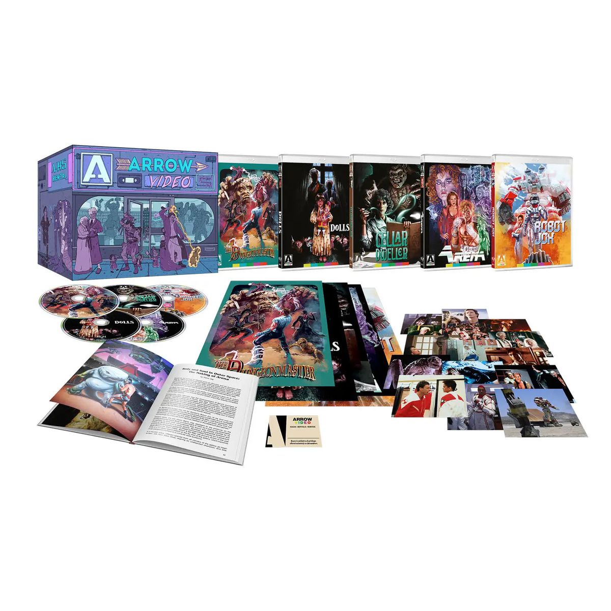Ett foto av Enter the Video Store Blu-ray-boxen, inklusive ett gäng Blu-ray-skivor, foton och en bok.