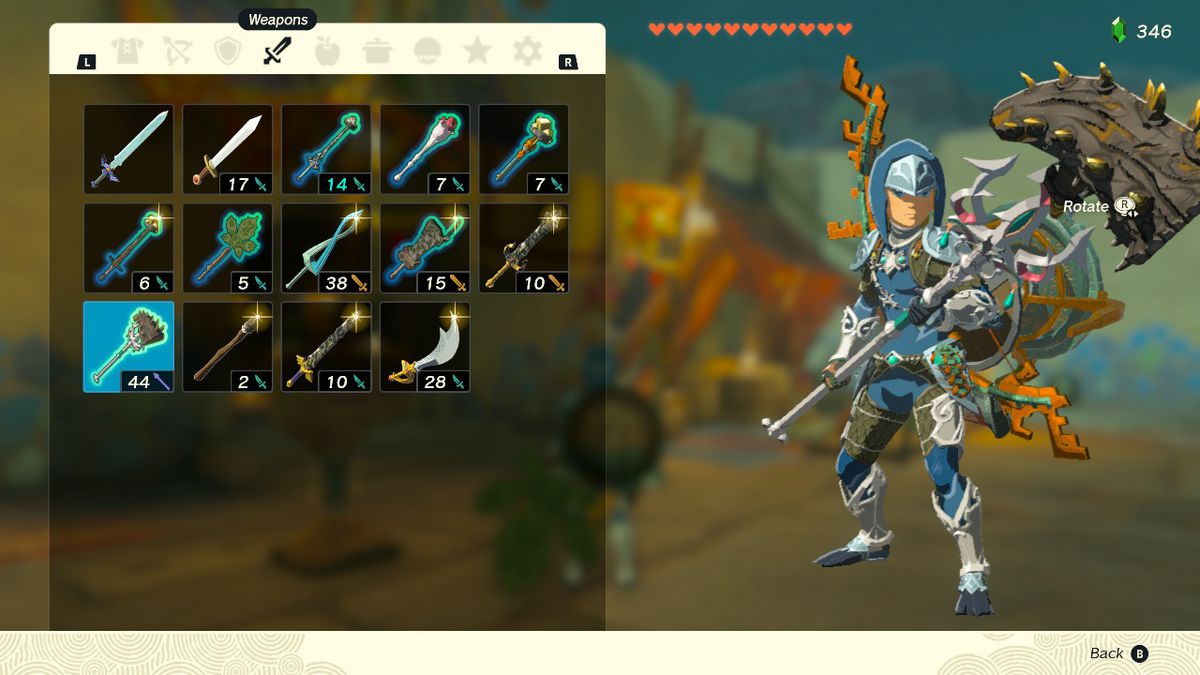 En skärmdump av vapeninventeringen i Zelda: Tears of the Kingdom, som visar Link with the Lightscale Trident