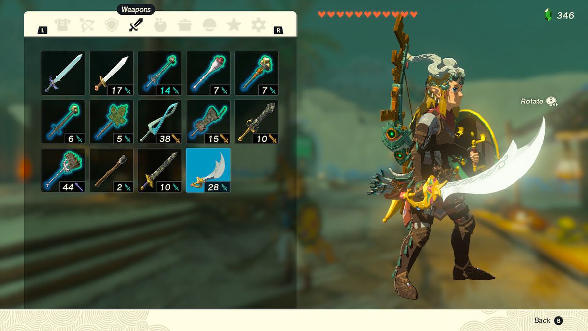 Een screenshot van de wapeninventaris in Zelda: Tears of the Kingdom, met Link with the Scimitar of the Seven