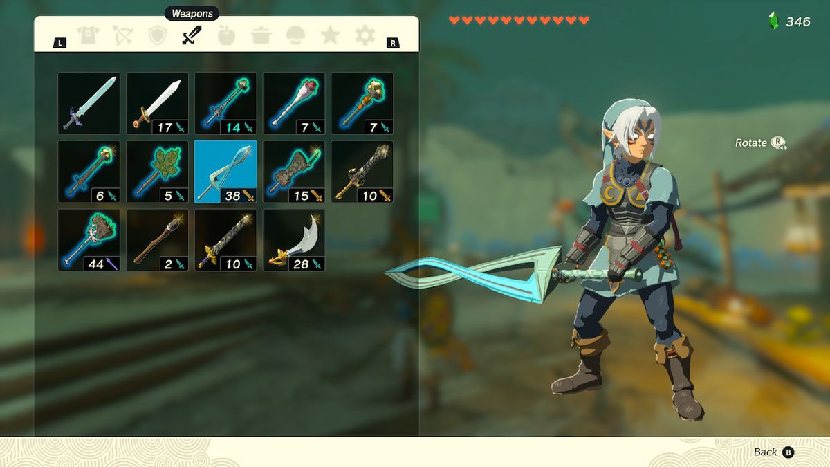 Une capture d'écran de l'inventaire des armes dans Zelda: Tears of the Kingdom, montrant Link with the Fierce Deity Sword