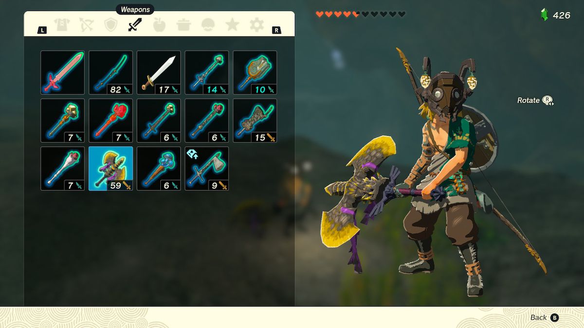 Een screenshot van de wapeninventaris in Zelda: Tears of the Kingdom, waarin Link met de zwarte baas Bokoblin Two-Handed Axe te zien is