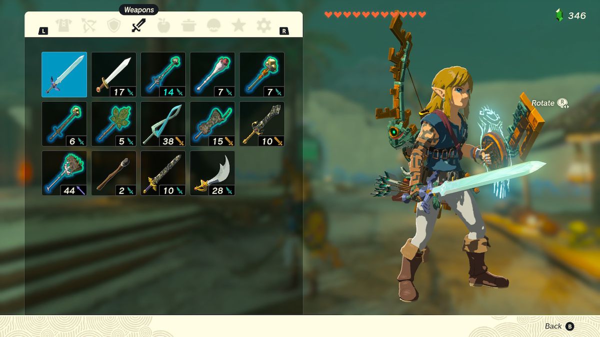 En skärmdump av vapeninventeringen i Zelda: Tears of the Kingdom, som visar Link with the Master Sword