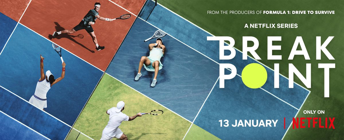 Promotiekunst voor Break Point van Netflix, met vier tennissers op verschillende banen in verschillende stadia van feest en verdriet.