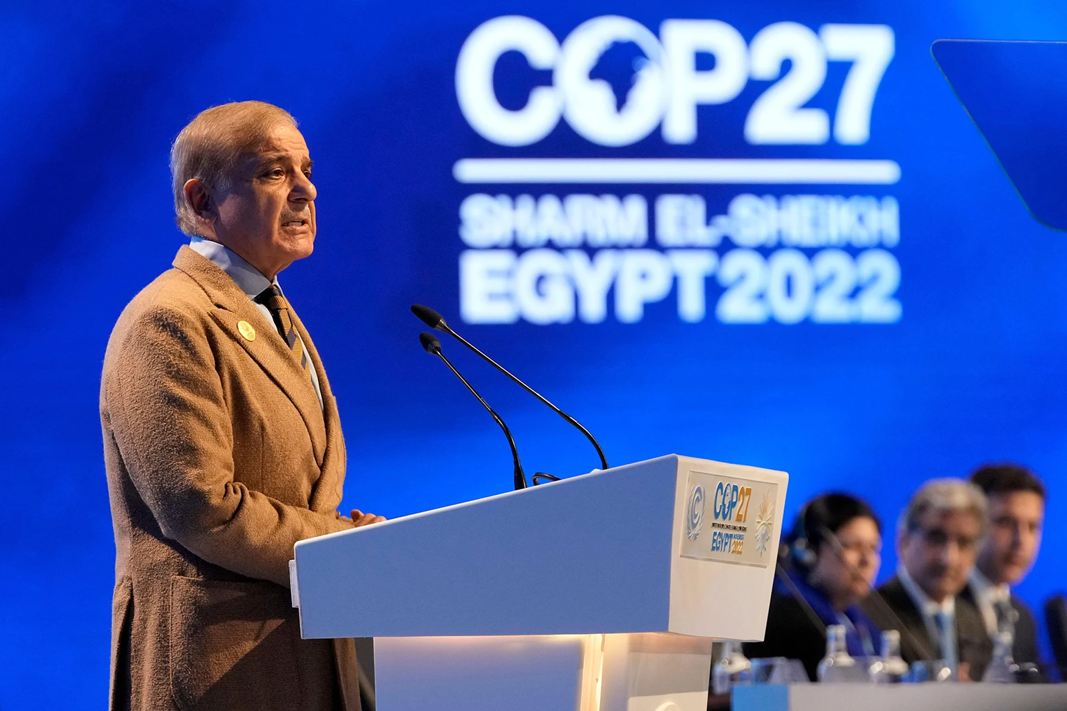 Muhammad Shehbaz Sharif, Pakistans premiärminister, talar vid COP27 den 8 november 2022.