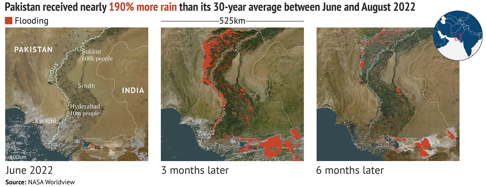 Maps showing that Pakistan received nearly 190% more rain than its 30-year average between June and August 2022.