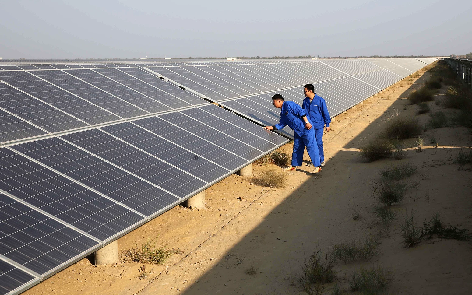 기술자들이 파키스탄 바하왈푸르에서 태양열 패널을 점검하고 있습니다.