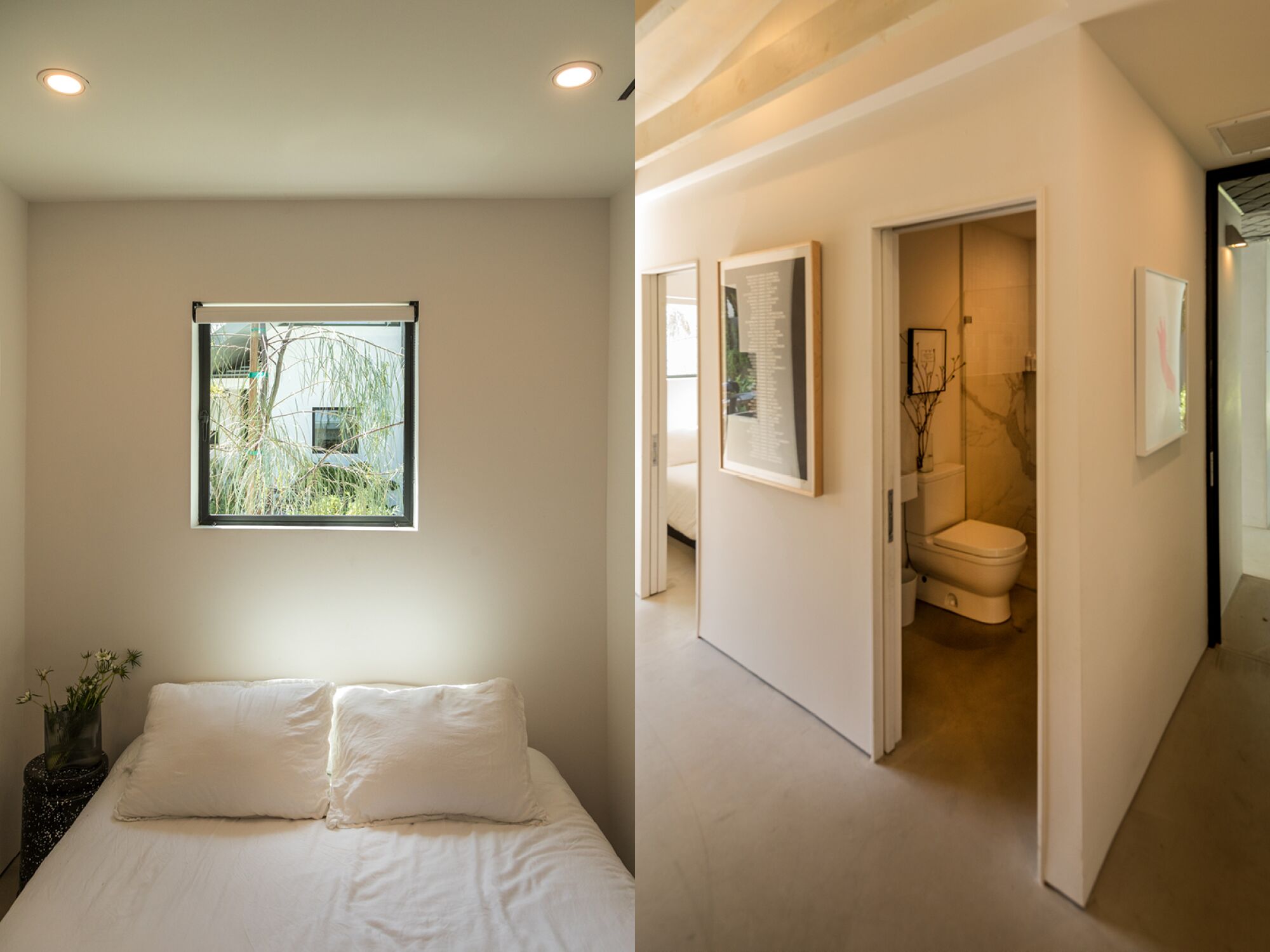 Paired photos of a bedroom and a bathroom glimpsed through a doorway.