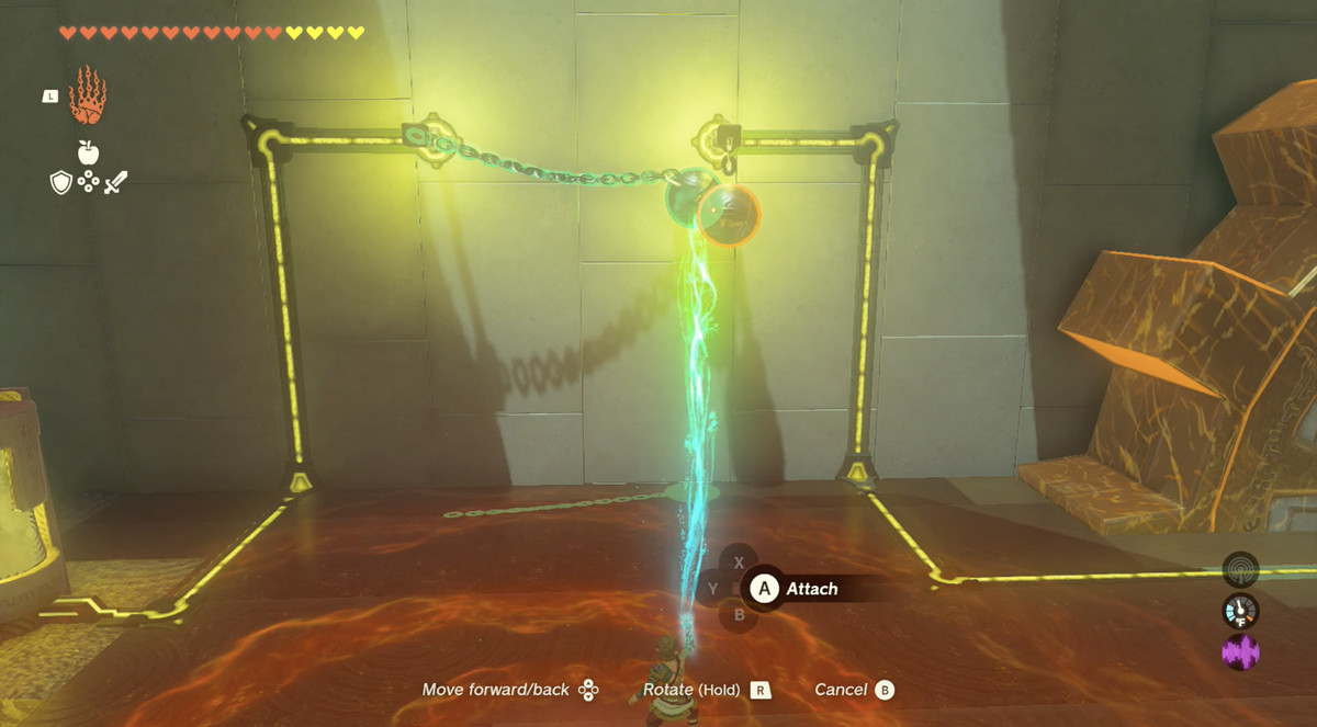 Een afbeelding toont een puzzel in The Legend of Zelda: Tears of the Kingdom. Link gebruikt Ultrahand om een ​​geëlektrificeerde hangende bal aan een andere bal te lijmen.