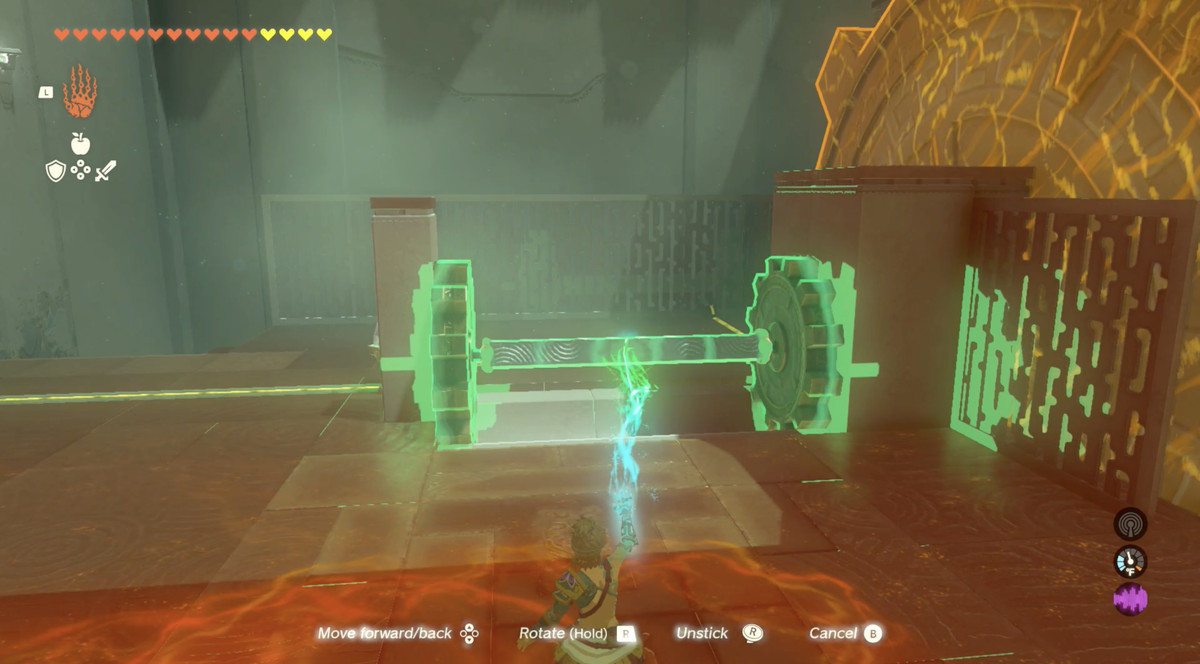Een afbeelding laat zien hoe Link een pilaar verwijdert tussen twee tandwielen in The Legend of Zelda: Tears of the Kingdom.