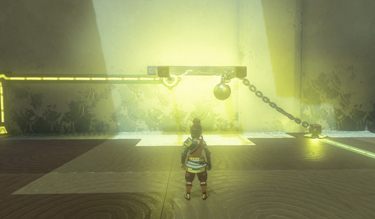 Een afbeelding toont een pilaar die op twee andere pilaren ligt in The Legend of Zelda: Tears of the Kingdom. De pilaar die er bovenop ligt, zorgt ervoor dat elektriciteit tussen de twee kan stromen.