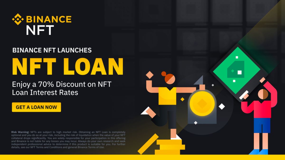 Test jaune sur fond noir indiquant "Binance lance le prêt NFT, profitez d'une réduction de 70 % sur les taux d'intérêt NFT".