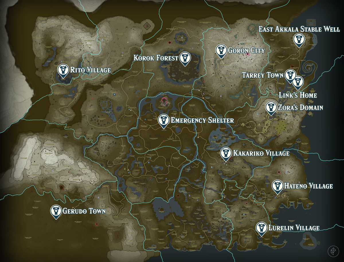 Goddess Statue locations on the map of Hyrule in The Legend of Zelda: Tears of the Kingdom