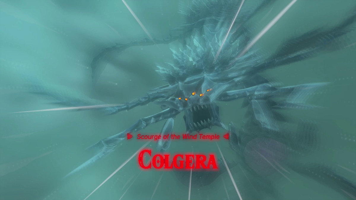 A large, metallic insect flies toward the camera. It has a frightening maw with sharp teeth and five glowing eyes, along with rows of metal spikes on its back. Its name — “Colgera: Scourge of the Wind Temple” — appears below. 