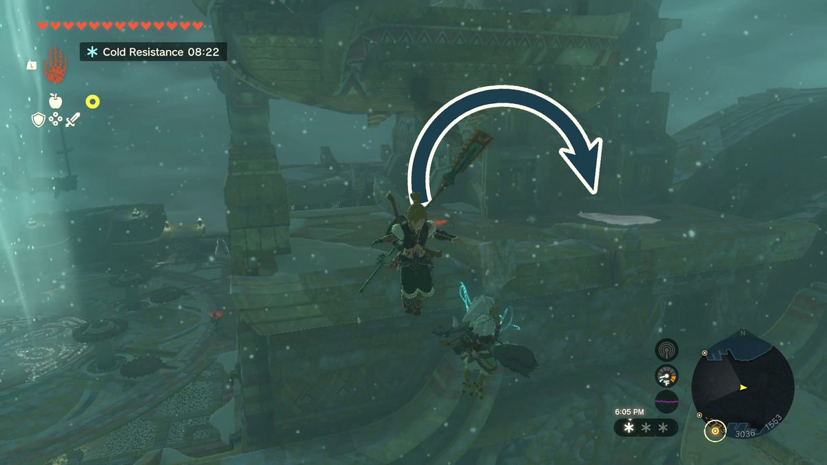 Link zweeft de besneeuwde lucht in nadat hij op een trampoline stuiterde. Een naar rechts gebogen pijl geeft het platform aan waarop hij moet landen.