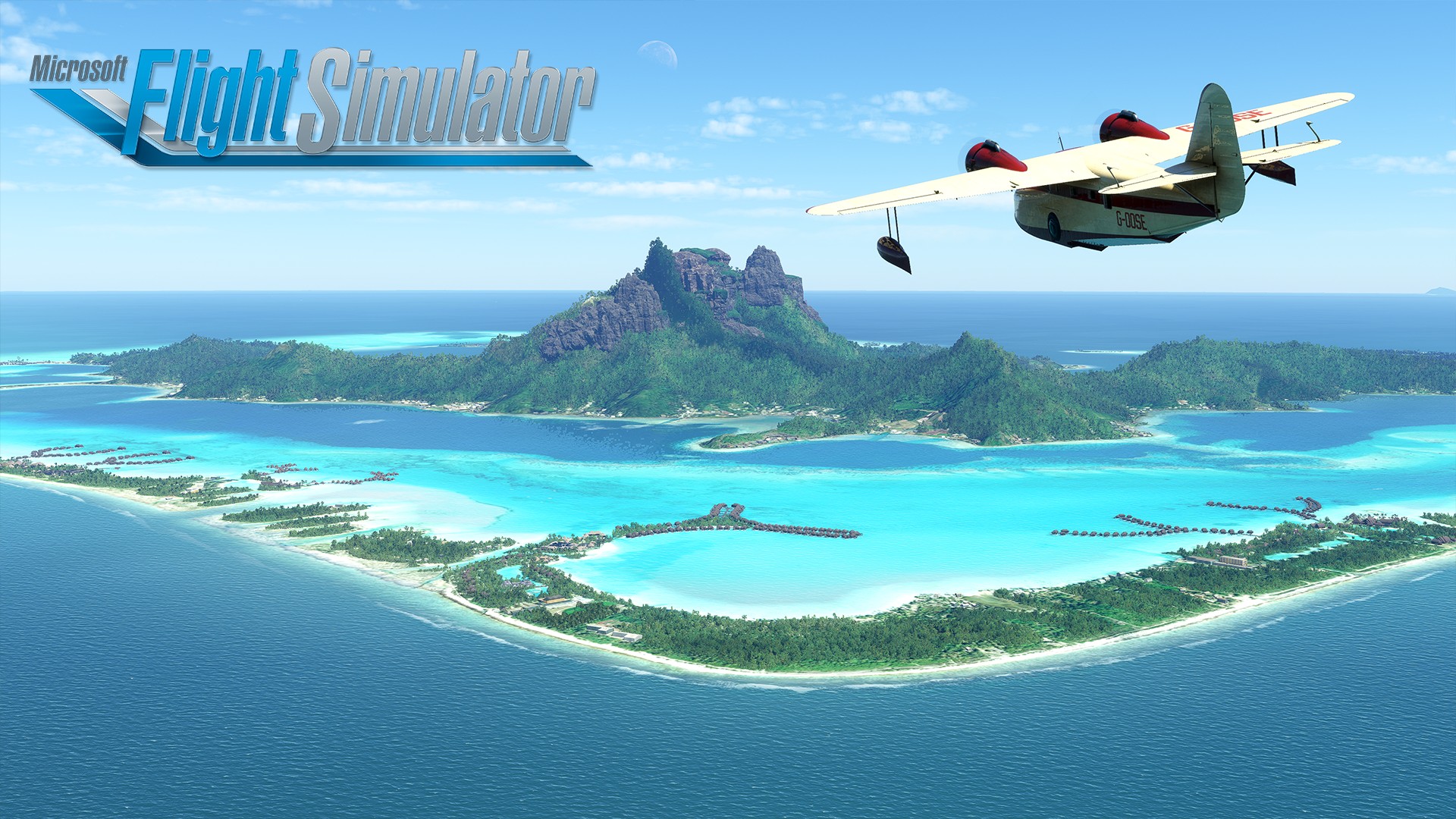 Een vliegtuig vliegt over Bora Bora in gameplay van Microsoft Flight Simulator.