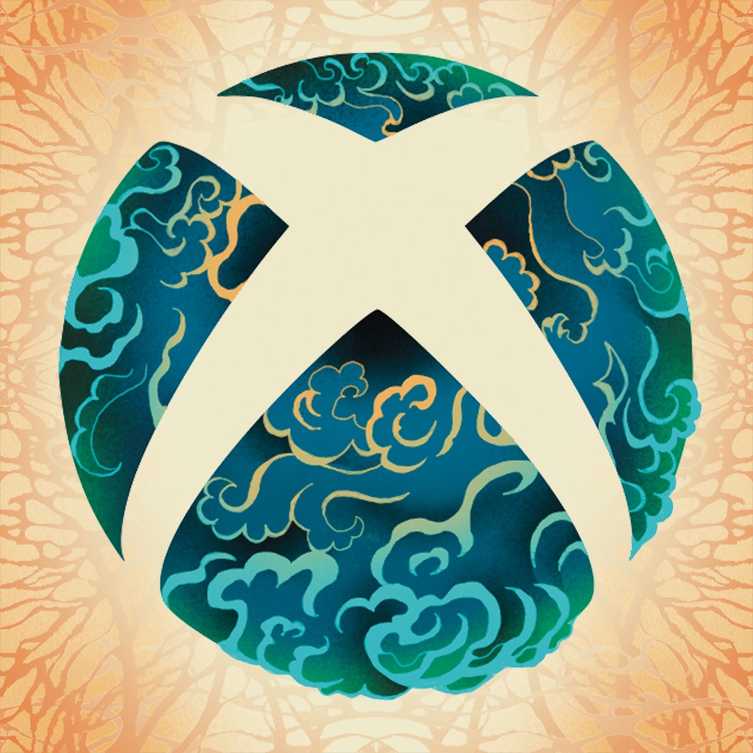Gestileerd Xbox-logo ter ere van de Asian and Pacific Islander Heritage Month met een bol met blauw water en een achtergrond met blauwe en oranje abstracte structuren met een wortelachtig uiterlijk.