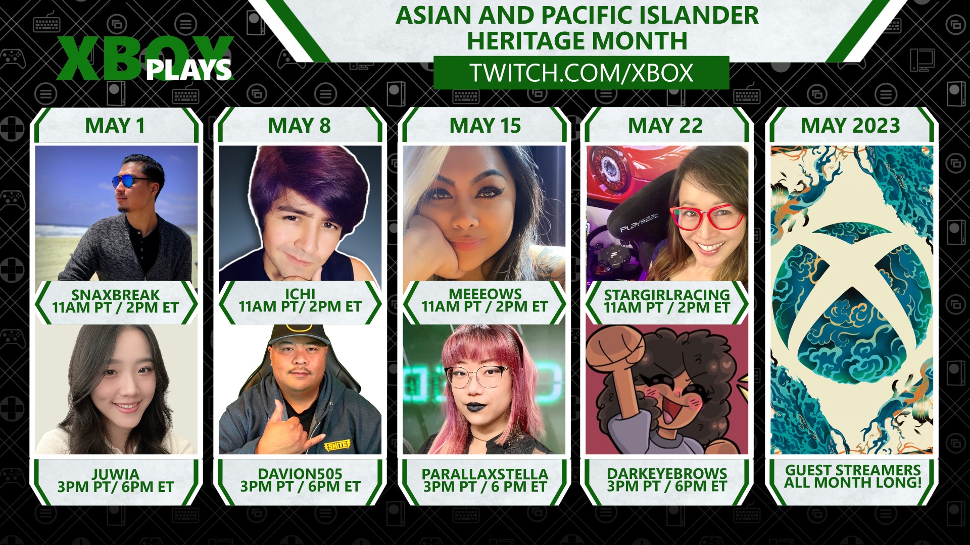 A compilation image featuring 8 streamers and the stylized Xbox logo with blue water in celebration of Asian and Pacific Islander Heritage Month.
