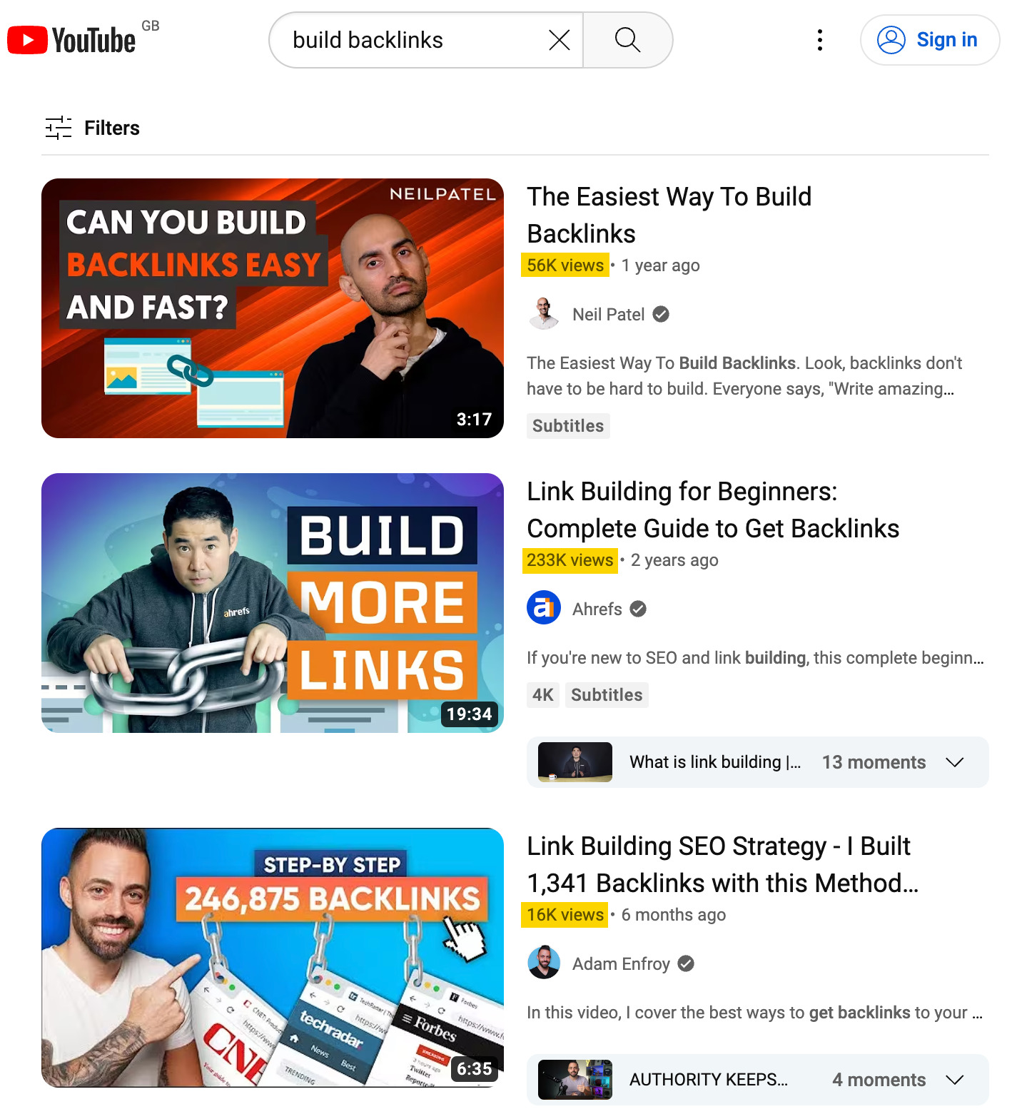 Top results for "build backlinks" on YouTube 