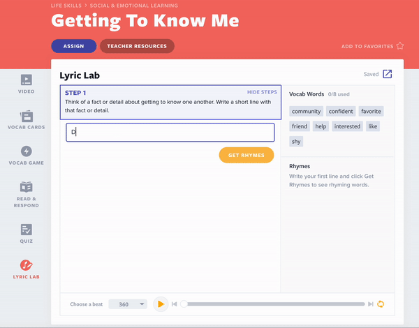 Getting to know me Lyric Lab activity example for incorporating music in the classroom