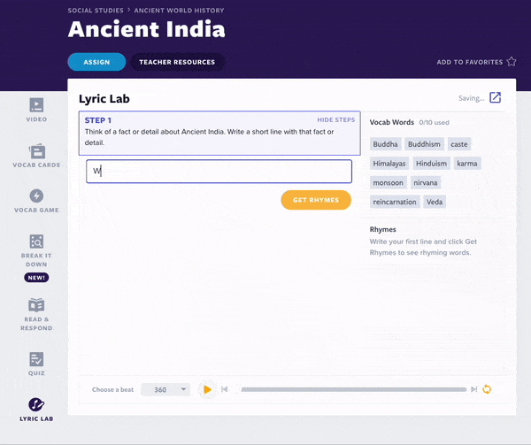 Ancient India Lyric Lab-activiteit en les