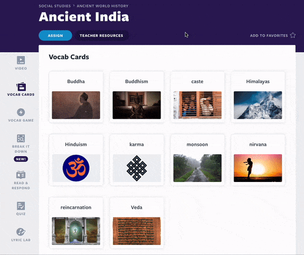 Tarjetas de vocabulario de actividades de la India antigua