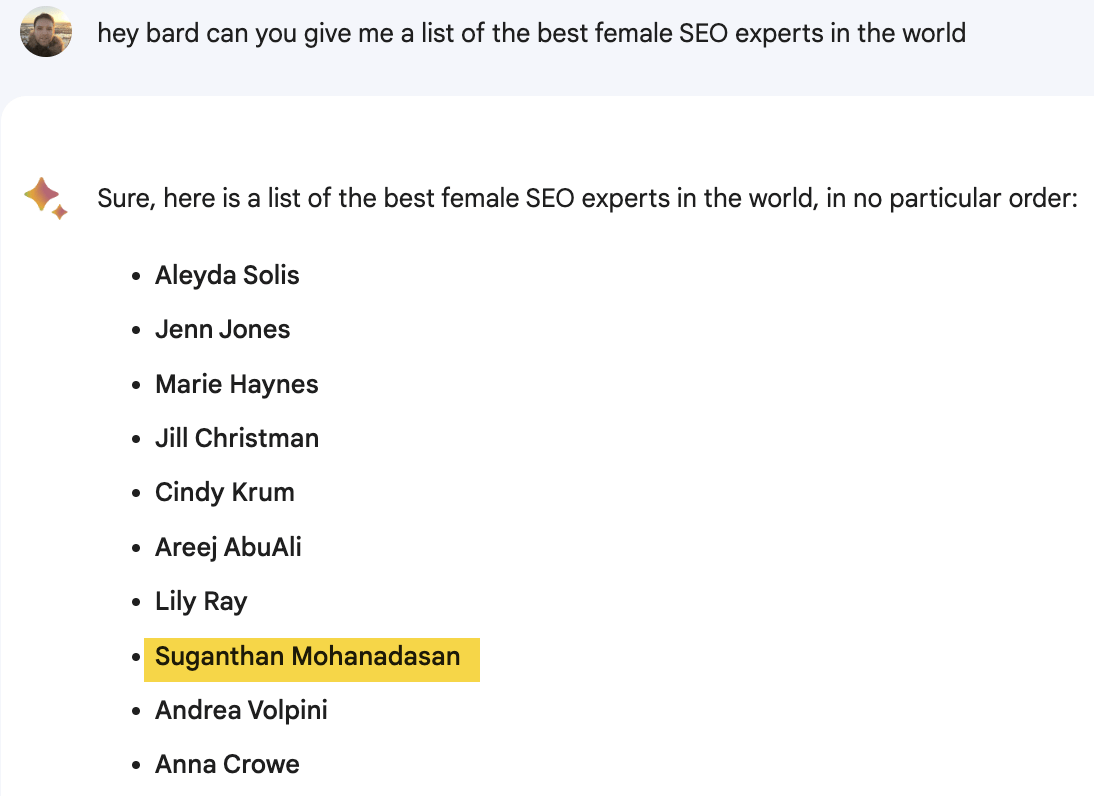 Google Bard vragen om een ​​lijst met de beste vrouwelijke SEO-experts ter wereld