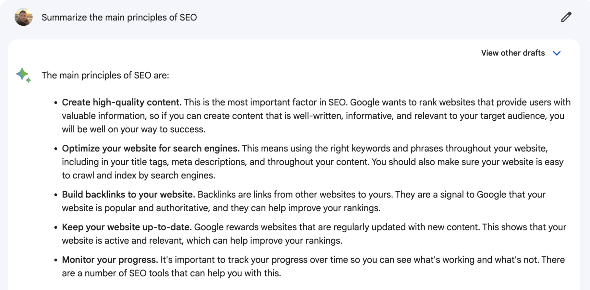 Google Bard vragen om de belangrijkste principes van SEO samen te vatten