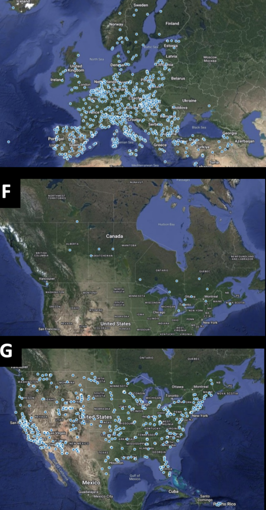 Luchtkwaliteitsmeetstations die fijnstof bemonsteren in Europa (boven), Canada (midden) en de VS (onder).