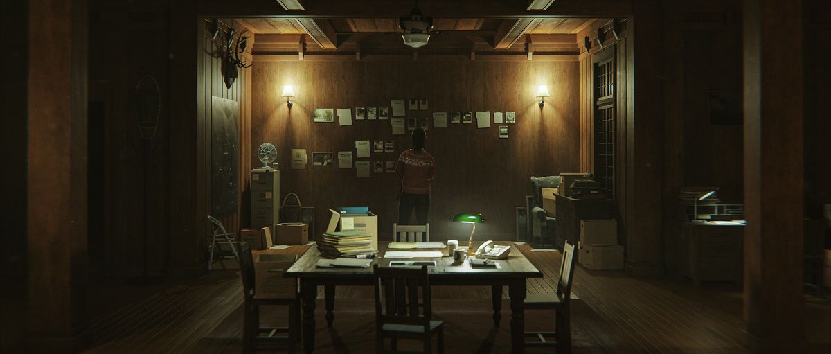 Saga Anderson consults her evidence wall in her “Mind Place” in Alan Wake 2