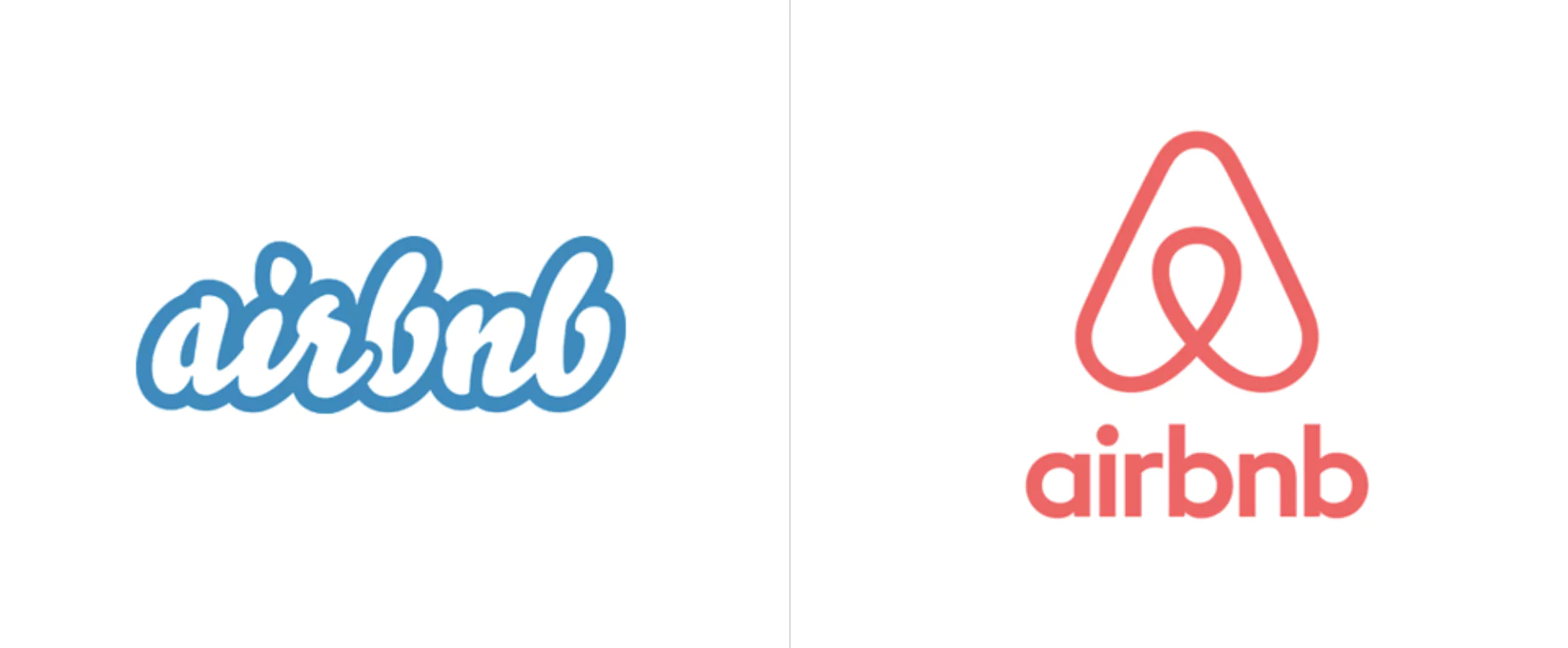 에어비앤비 로고 비교: 왼쪽의 기존 흰색/파란색 로고, 오른쪽의 새로운 분홍색/빨간색 로고와 하트 하우스 기호