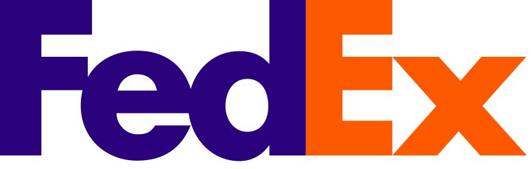 Beyaz zemin üzerine mor ve turuncu FedEx logosu