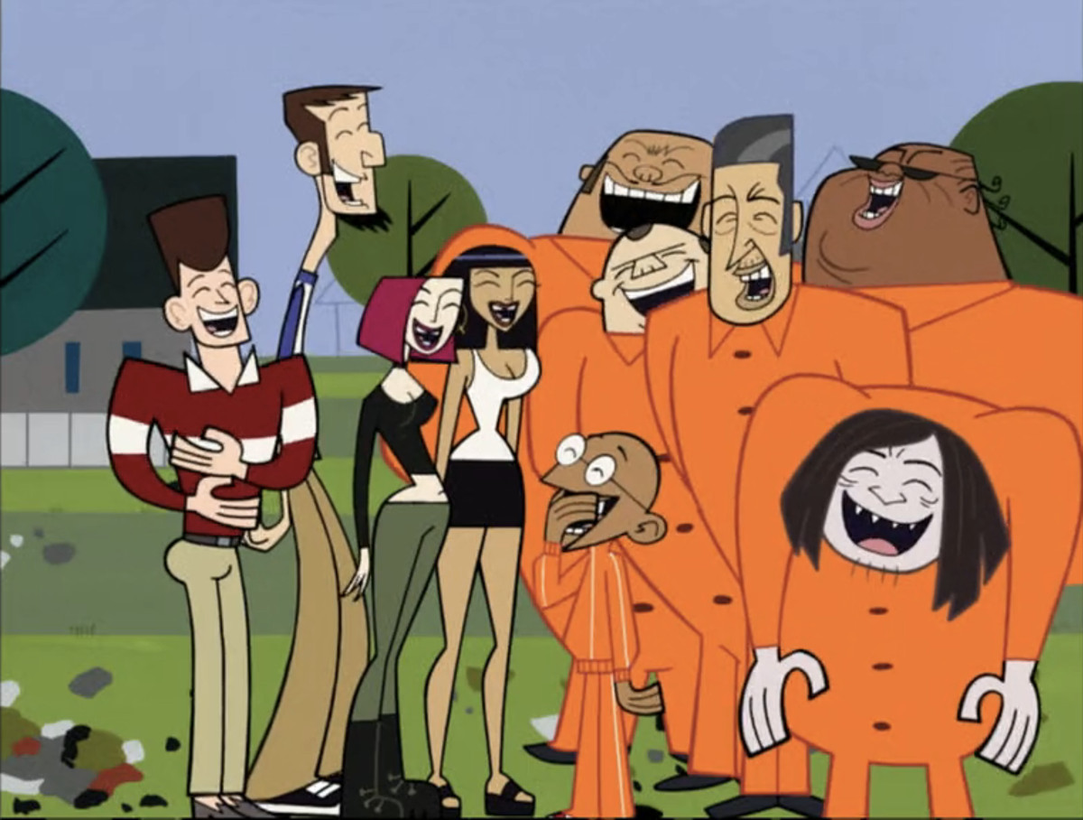 JFK, Abe, Joan, Cleo, and Gandhi laughing with some convicts in orange jumpsuits