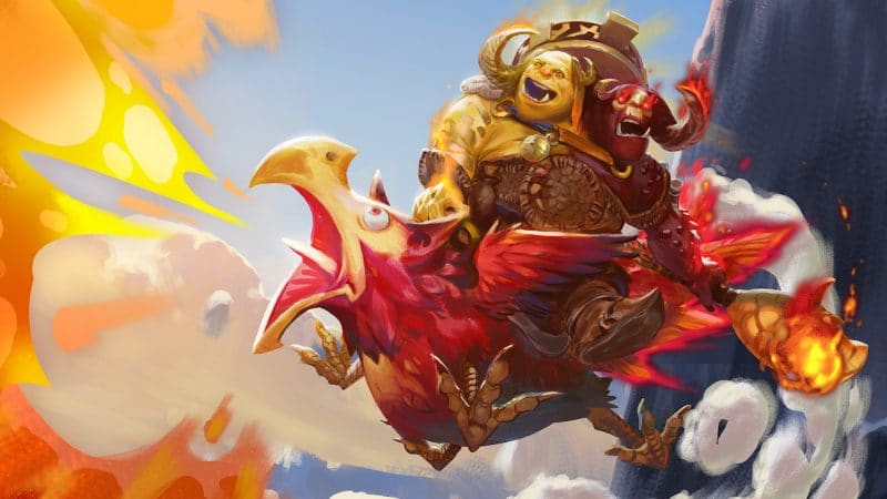 Splash art of the new Ogre Magi Arcana. Ogre is riding the red fire-breathing bird Flockheat the Firelark