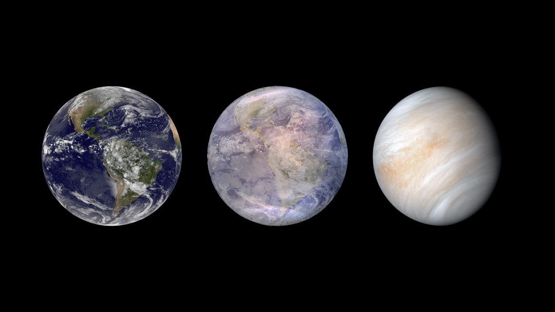 Impresión artística que muestra la evolución potencial del exoplaneta LP 890-9c de una Tierra caliente a un Venus desecado