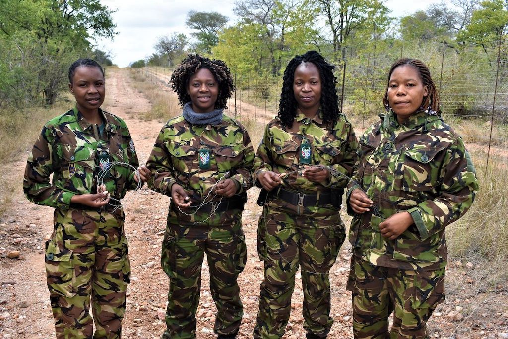 One of the Black Mambas teams demonstrating wire snares that can be found set in the bush for catching game such as antelopes, but eventually may catch vulnerable or endangered animals such as lions, rhinos and elephants.