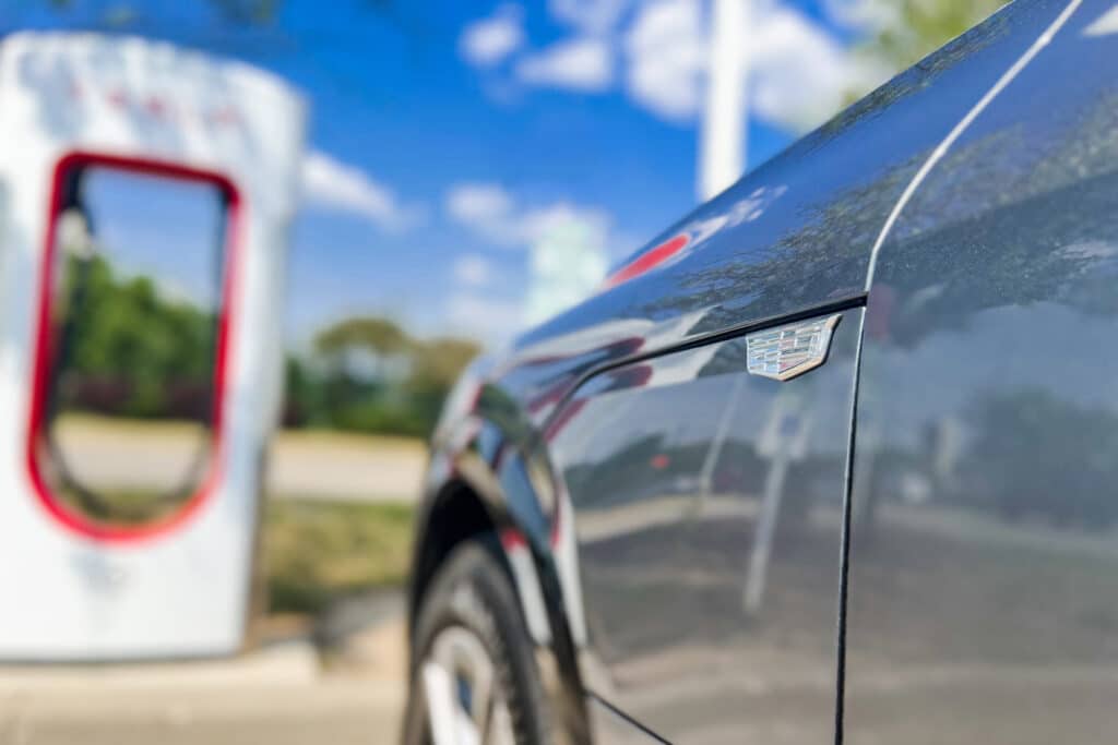 Cadillac Lyriq at Tesla Supercharger REL