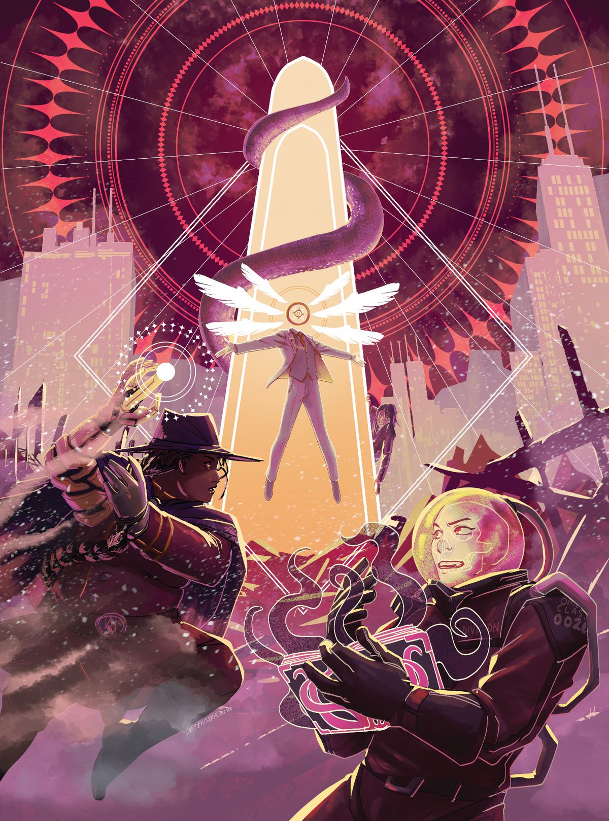 Cover Art for Apocalypse Keys shows a headless, angelic creature ascending a pillar of light. A single tentacle is wrapped around that pilar. Two player characters stand in the foreground, rushing to action. One carries a book with tentacles leaping from its pages.