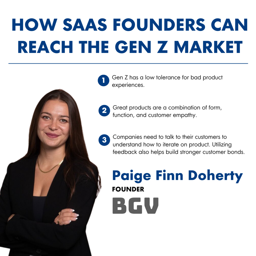 infographic listing out three ways SaaS founders can reach the Gen Z market. The image features author Paige Finn Doherty on the bottom left corner.