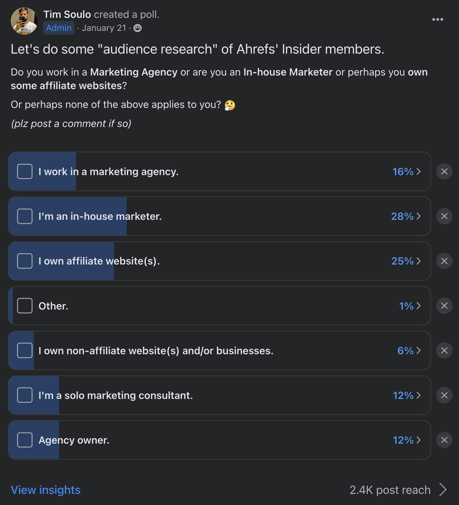 Investigación de audiencia para los miembros de Ahrefs Insider, a través de Facebook