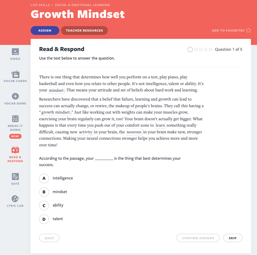 Evaluación de lectura y respuesta de mentalidad de crecimiento