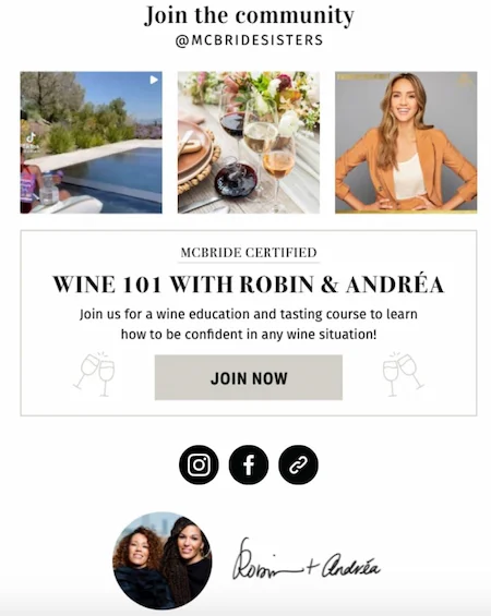 cómo obtener consejos de seguidores de Instagram como vincular a sus perfiles de redes sociales como se muestra en el ejemplo del negocio del vino McBride Sisters