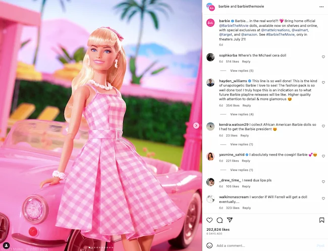 Exemple de stratégies d'abonnés IG : Voix de marque cohérente, Barbie le film