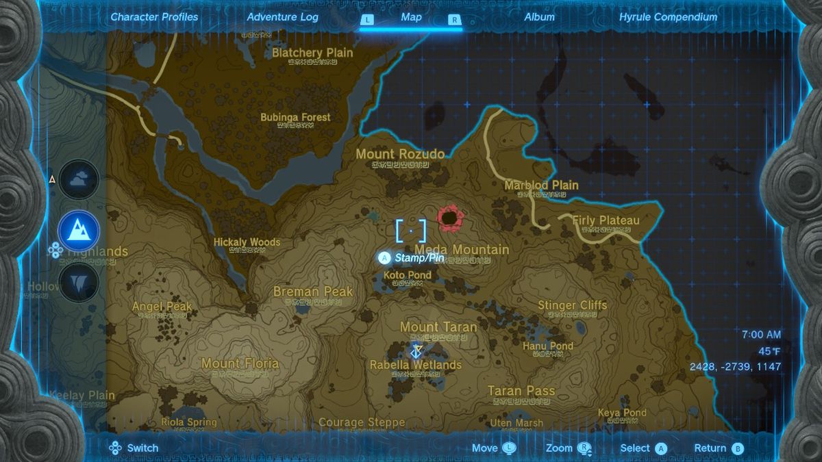 Một bản đồ hiển thị vị trí của Cap of the Sky gần Hateno Village trong Zelda Tears of the Kingdom.