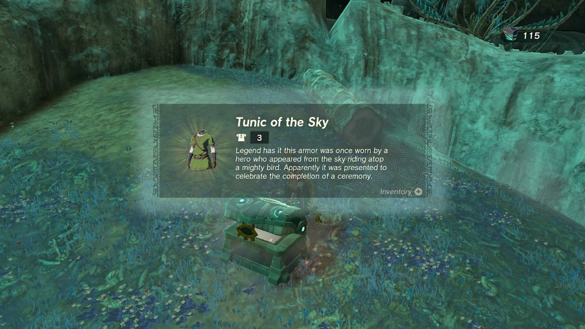 Link opent een kist met daarin de tuniek van het luchtpantser in de diepten in Zelda Tears of the Kingdom.