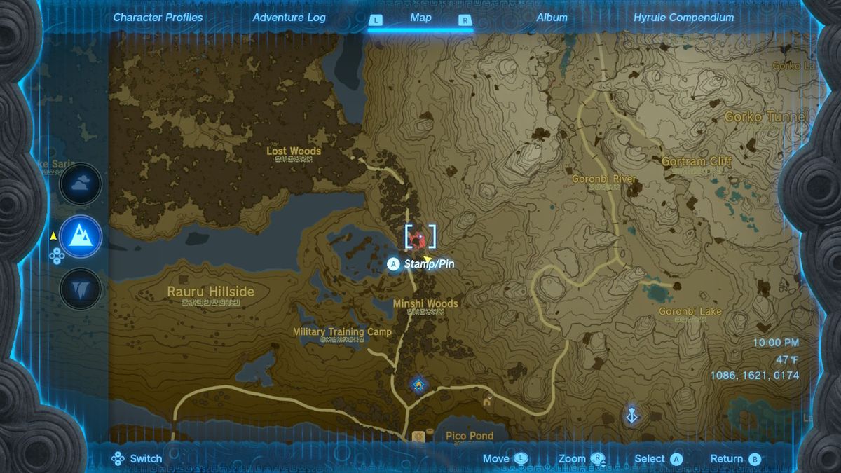 Een kaart toont de locatie van het luchtpantser in Zelda Tears of the Kingdom.