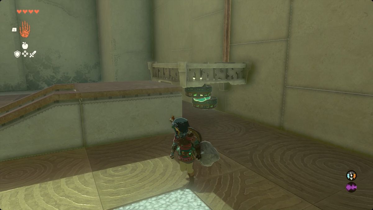 The Legend of Zelda: Tears of the Kingdom - Link attaching Zonai fans to the bottom of a lift in Ishodag Shrine