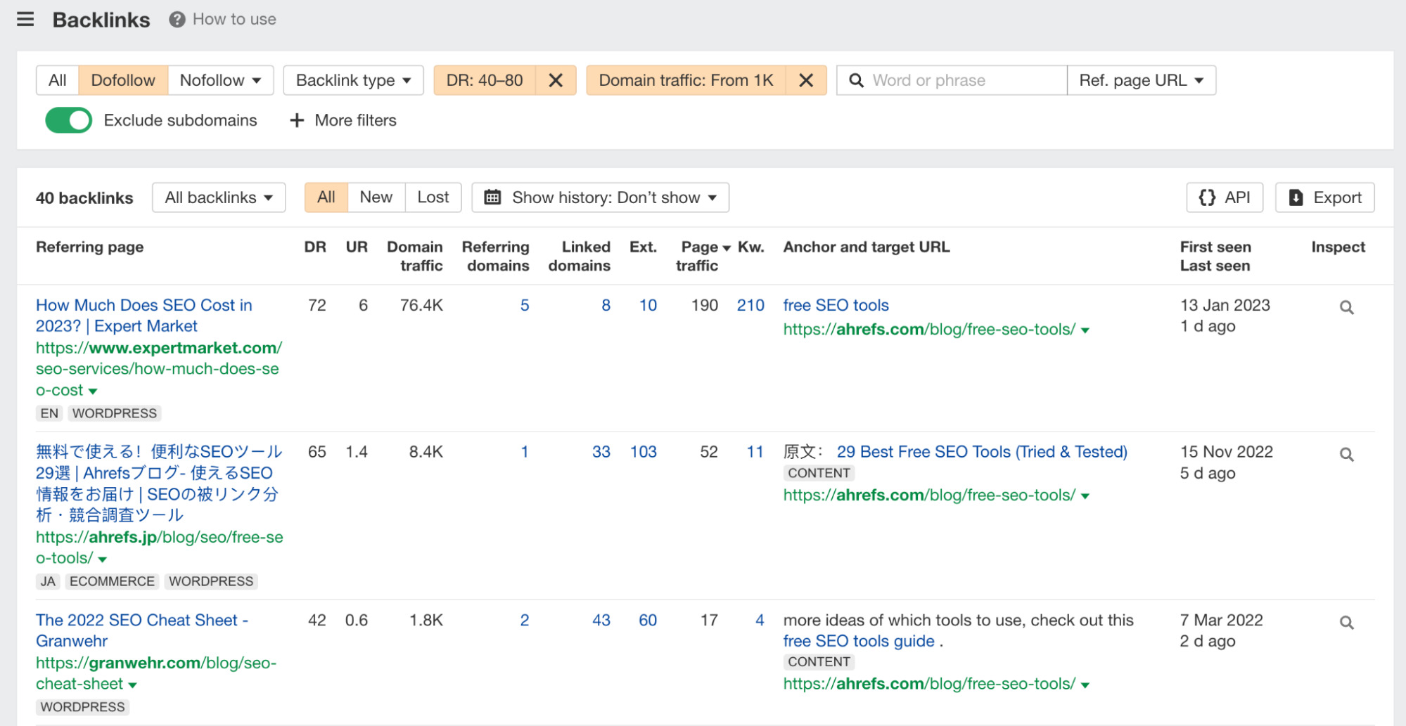 Backlinks report with applied filters, via Ahrefs' Site Explorer