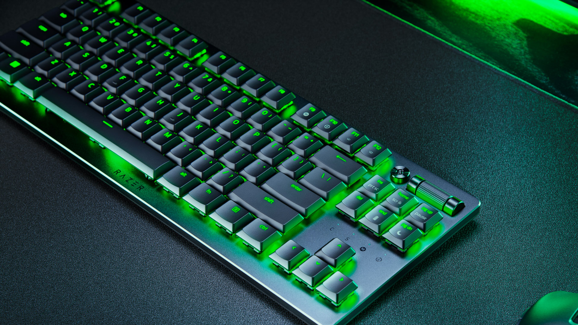 Razer Deathstalker V2 Pro TKL keyboard with green lighting