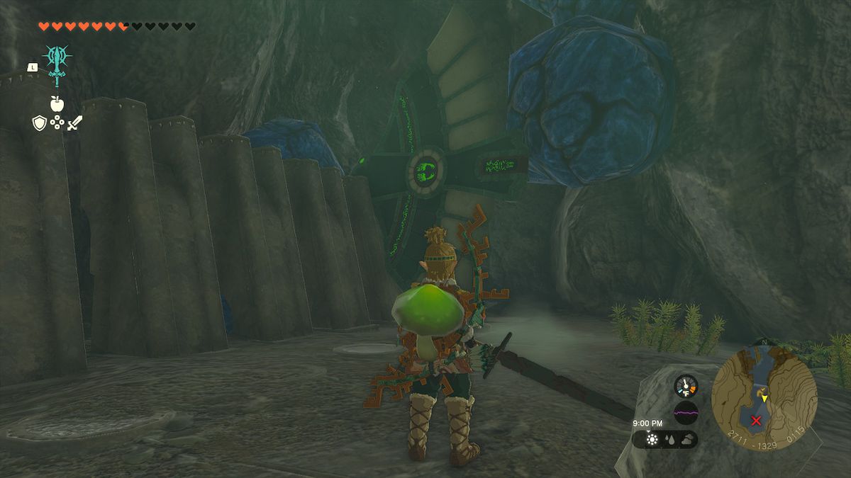 Link looking at a glider revealed behind blue rocks.
