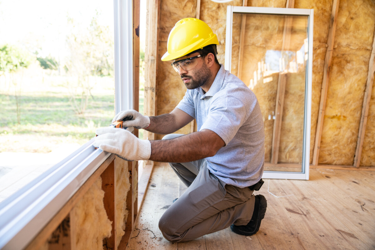 Trabajador de la construcción instalando ventanas en una casa de madera